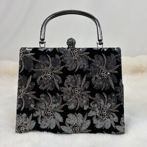 d'margeaux New York Black Velvet Sequin Floral Evening Bag Y2K Glam Box Clutch